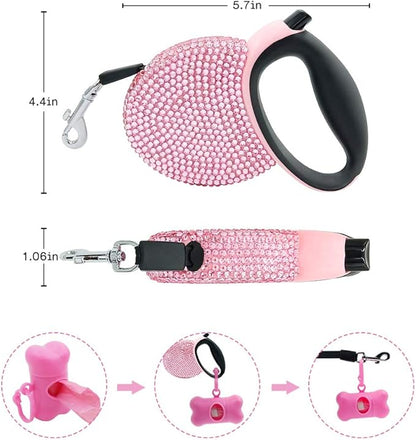 Pink Rhinestone Retractable Dog Leash Bling 10ft, Sparkle Sparkling Pet Cat Leash for Small Breed, Bling Crystal Small Dog Leash Cute, Girl Dog Lead Waste Bags Dispenser Included, 360° Tangle-Free