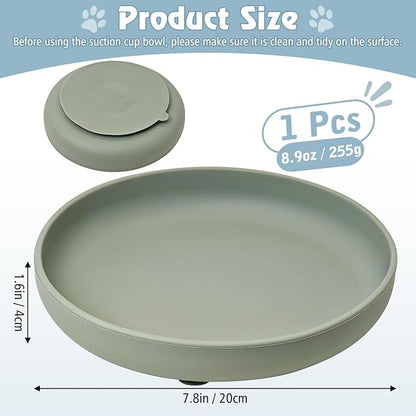 BNOSDM Silicone Cat Bowl Non-Slip Cat Food Plate Flat Dog Bowls with Suction Cup Shallow Puppy Food and Water Dish for Small and Medium Pets (Gray Green)