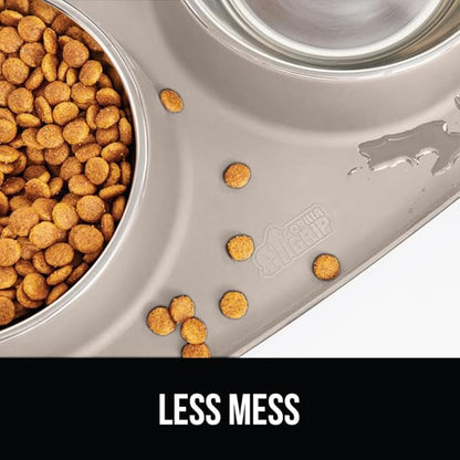GORILLA GRIP Feeding Mat Bowl Set, 100% Waterproof BPA Free Silicone Base, 304 Stainless Steel Cat and Dog Bowls for Food and Water, Slip Resistant, High Edge, US Designed, Patent Pending, 2 Cup Beige