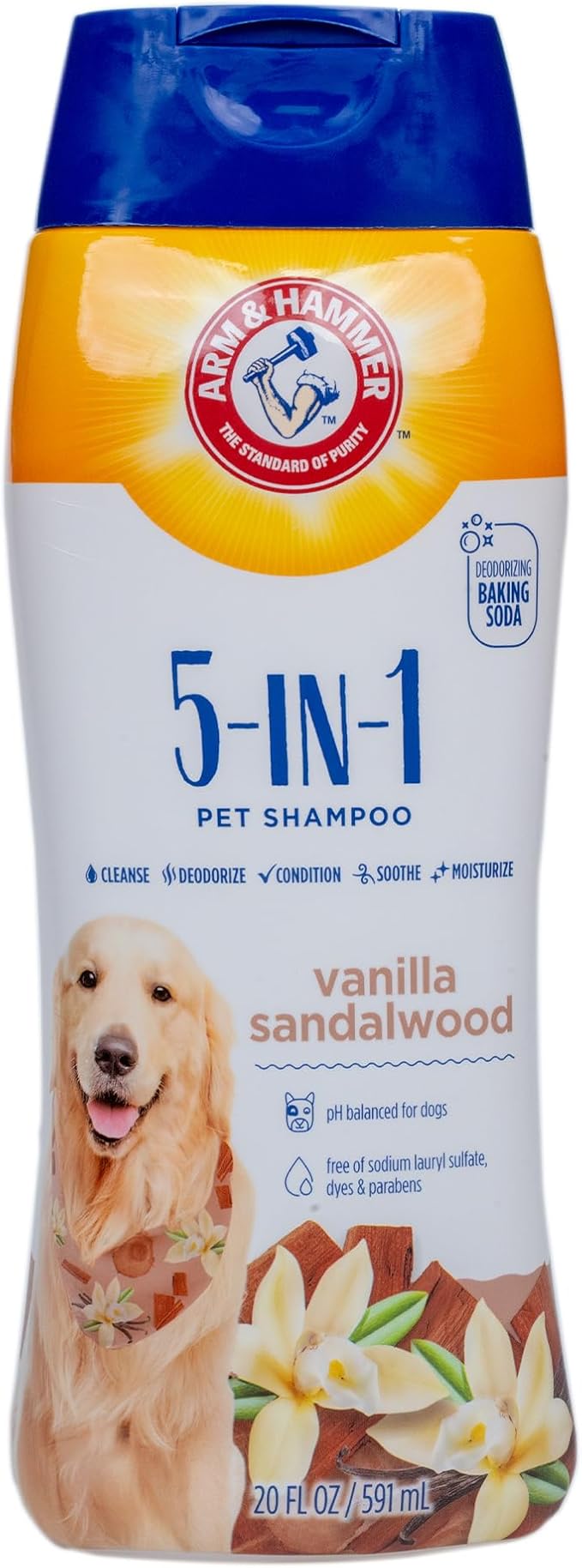 Arm & Hammer for Pets 5-in-1 Dog Shampoo with Conditioner, Deodorizing Oatmeal Dog Shampoo with Aloe, Shea Butter, Baking Soda and Coat Care, Vanilla Sandalwood Scent, 20 Fl Oz