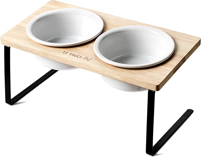 Elevated Dog Bowls, Raised Dog Bowl Stand with Two 6.5 inch Ceramic Bowl, Non-Slip Puppy Food and Water Bowls, Dogs Feeder for Small and Medium Breed, White