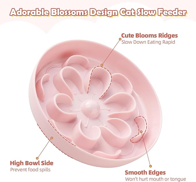 Slow-Food Cat Bowl - Made of Melamine, Suitable for Both Dry and Wet Food - Cute Flower Maze Pattern, Promotes Healthy Feeding and Helps Protect Whiskers - Dishwasher Safe - 6.3 in Wide x 1.1 in high