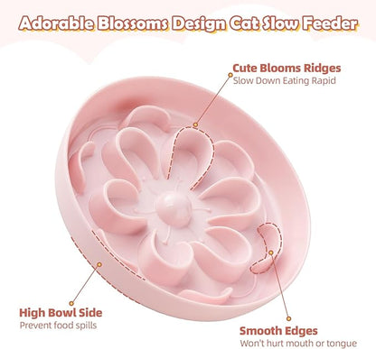 Slow-Food Cat Bowl - Made of Melamine, Suitable for Both Dry and Wet Food - Cute Flower Maze Pattern, Promotes Healthy Feeding and Helps Protect Whiskers - Dishwasher Safe - 6.3 in Wide x 1.1 in high