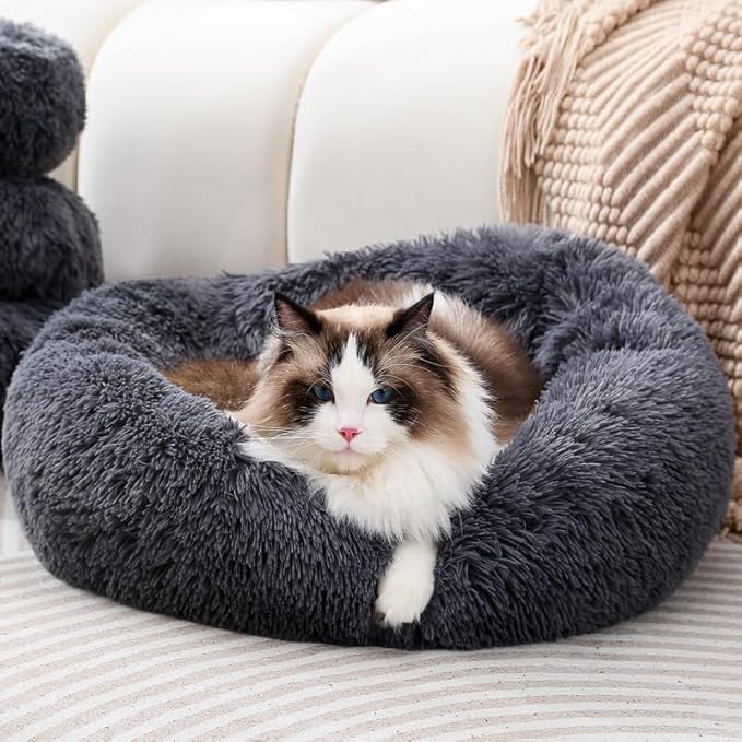 Round Dog Bed Fluffy Cat Bed Small Dog Bed Pet Bed Calming Donut Cat Bed Round Puppy Bed Calming Pet Bed Suit for 8Kg Dog and Cat