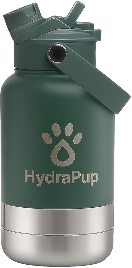 32oz Insulated Water Bottle with Dog Bowls – Human & Pet Shared Use, Stainless Steel Leakproof Travel Bottle (Forest Green)