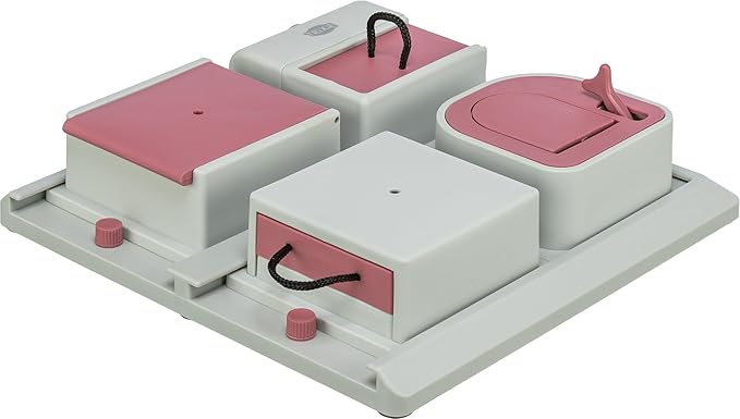 TRIXIE Cat Activity Poker Box Strategy Game – Interactive Puzzle Toy with 4 Modules – Treat Puzzle Feeder for Mental Stimulation & Slow Feeding – Pink/Gray, 12.2 x 12.2 x 2.5 in