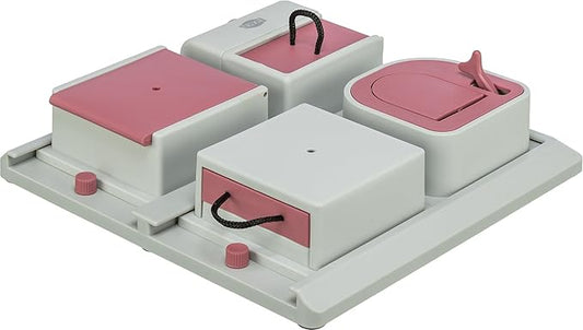 TRIXIE Cat Activity Poker Box Strategy Game – Interactive Puzzle Toy with 4 Modules – Treat Puzzle Feeder for Mental Stimulation & Slow Feeding – Pink/Gray, 12.2 x 12.2 x 2.5 in