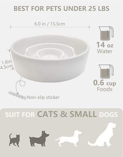 Ceramic Slow Feeder Dog Bowls, 0.6 Cup Slow Feeder for Small Dogs, Puzzle Maze Bowl, Prevents Choking, 6in, White