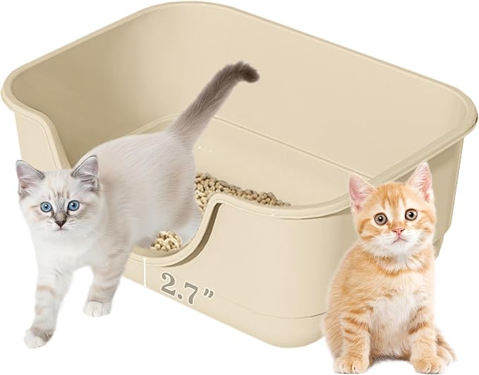 Low Entry Small Litter Box for Kittens, Kitty Plastic Litter Boxes, Open Top, Anti-Splash High Sided Litter Tray Pan for Medium Pets, Puppy, Easy to Clean, 15.7" L*11.8" W*6.7" H (Beige)