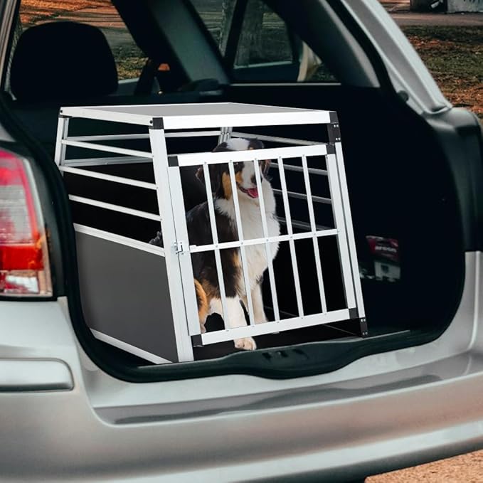Durable Aluminum Pet Travel Carrier for Dogs and Cats – Lightweight, Ventilated, Secure Transport Box for Car and Air Travel (Single Door Black + Silver + Metal)