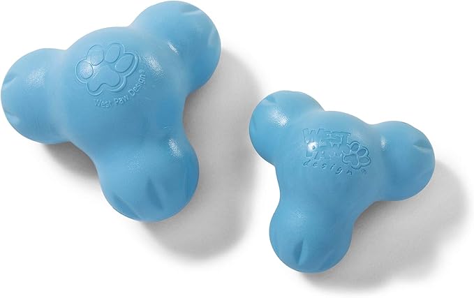 WEST PAW Zogoflex Tux Treat Dispensing Dog Chew Toy – Interactive Chewing Toy for Dogs – Dog Games for Aggressive Chewers, Fetch, Catch – Holds Kibble, Treats, Small 4", Aqua Blue