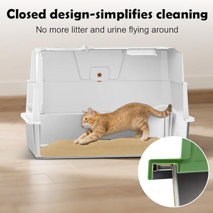 SZEE Stainless Steel Cat Litter Box with 180°Flip-Top Lid, Easy Clean XL Enclosed Litter Box, Large Covered Steel Cat Box with Scoop, Odor Control and Anti-Urine Leakage, 23.2 * 15 * 15 Inch, White