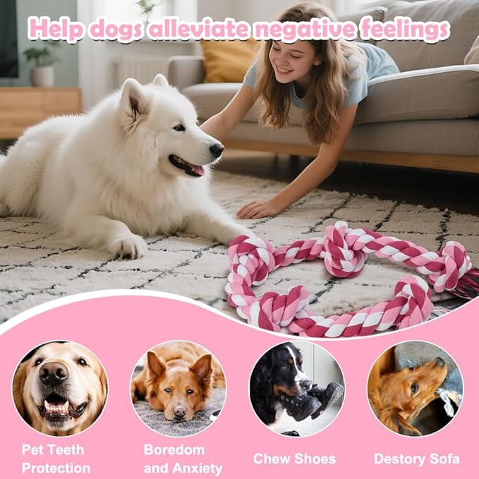 SZEE Dog Rope Toy for Large Dogs, 37 Inch 5 Knots, Tug of War Rope for Large Breeds, for Energy Release & Boredom Relief, Valentine’s Day Pet Toy (Red & Pink)