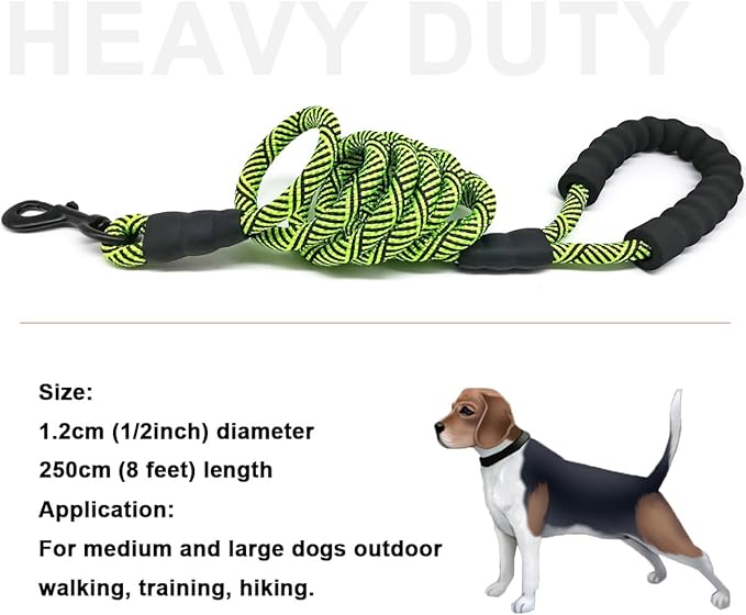 MayPaw Heavy Duty Rope Dog Leash, 3/4/5/6/7/8/10/12/15 FT Nylon Pet Leash, Soft Padded Handle Thick Lead Leashes for Large Medium Dogs (Green Black, 1/2" * 8')