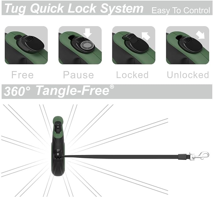 TUG 360° Tangle-Free Retractable Dog Leash with Anti-Slip Handle | 16 ft Strong Nylon Tape | One-Handed Brake, Pause, Lock (Small, Green)