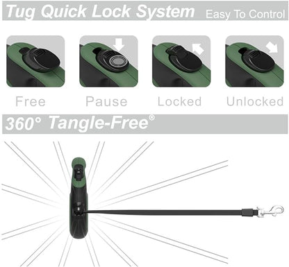 TUG 360° Tangle-Free Retractable Dog Leash with Anti-Slip Handle | 16 ft Strong Nylon Tape | One-Handed Brake, Pause, Lock (Small, Green)
