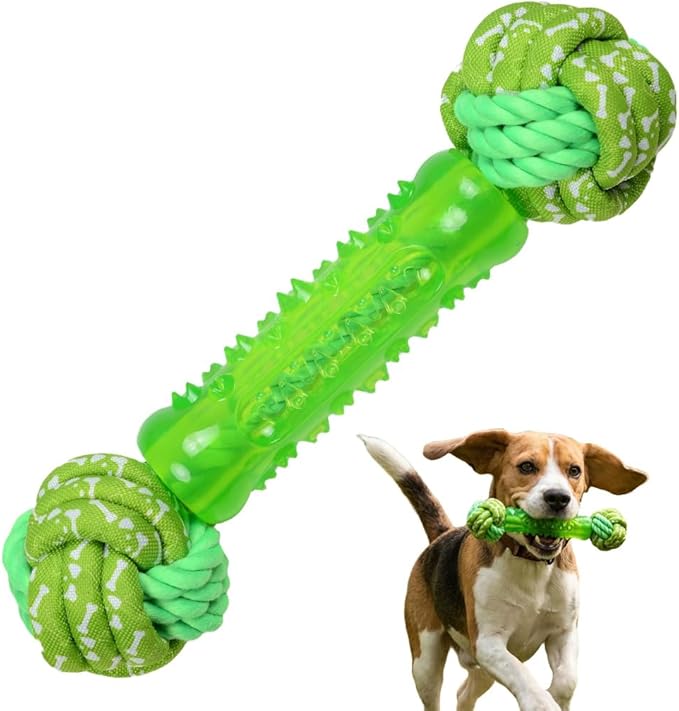 Bone Dog Chew Toy with Rope Ball - Tough Dog Toys with Textured Body for Teeth Cleaning, Dental Chew Toy for Small, Medium and Large Dogs, Green