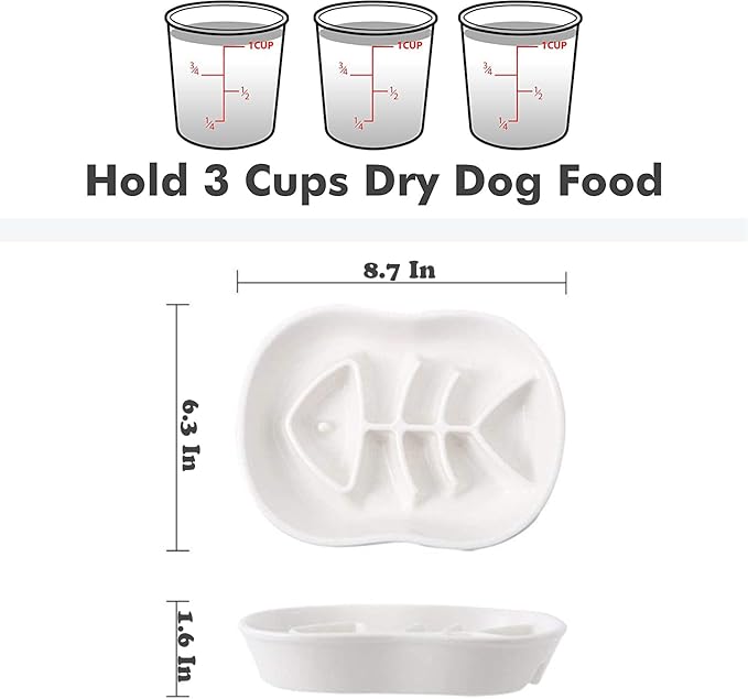 Ceramic Slow Feeder Cat Dog Bowls - Unique Fishbone Fun Interactive Design Feeder Bowl,Preventing Pet Feeder Anti Gulping Healthy Eating Diet Pet Bowls Against Bloat,Indigestion and Obesity