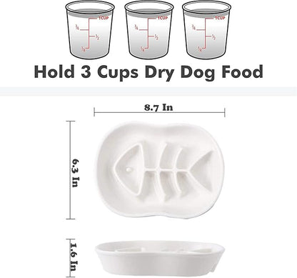 Ceramic Slow Feeder Cat Dog Bowls - Unique Fishbone Fun Interactive Design Feeder Bowl,Preventing Pet Feeder Anti Gulping Healthy Eating Diet Pet Bowls Against Bloat,Indigestion and Obesity