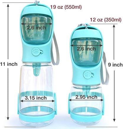 Dog Water Bottle with Food Container Holder, Travel Puppy Drinking Bowl, Portable Pet Water Dispenser, Patented Design, Food Grade Plastic 19 oz Water Bottle+100g Snack cans