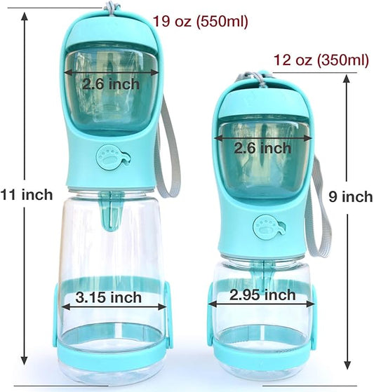 Dog Water Bottle with Food Container Holder, Travel Puppy Drinking Bowl, Portable Pet Water Dispenser, Patented Design, Food Grade Plastic 19 oz Water Bottle+100g Snack cans