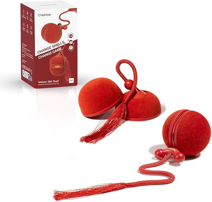 Cheerble 2 in 1 Interactive Cat Toys for Indoor Cats - Wicked Ball Duo2 Automatic Cat Toy, Dual Interchangeable Shells, Electric Moving Cat Ball with Tail & Chirping Sounds, Red