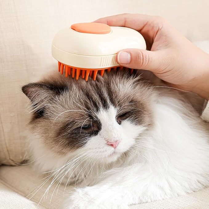 3-in-1 Self-Cleaning Steamy Cat Rechargeable Silicone Pet Brush for Massage, Removing Tangles and Loose Hair (Avocado/Orange)
