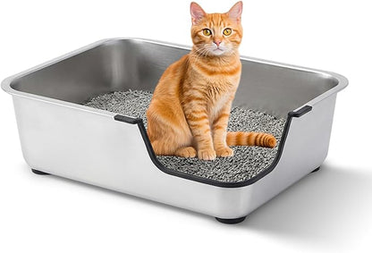 Stainless Steel Cat Litter Box, 17.5"L x 13.6"W x 6"H Metal Cat Litter Box with Low Entry for Senior, Injured Cats Anti-Slip Non-Stick No Odor Easy to Clean for Most Cats with Weight of 14Ibs or Less