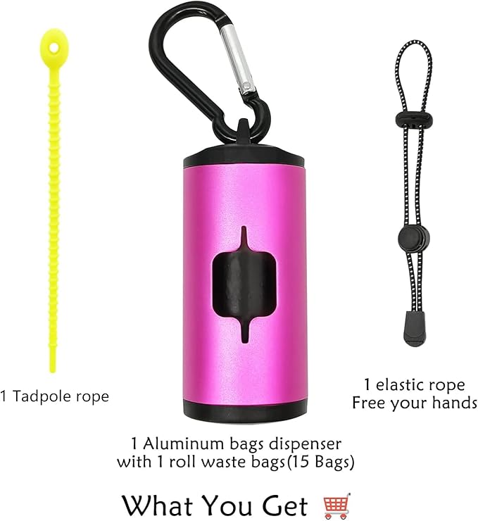 Aluminum Dog Poop Bags Holder with Carabiner Metal Pet Waste Bags Dispenser with Hook and Loop Fastener and Elastic Cord to Carry Used Bags (Pink)