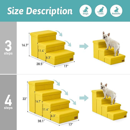 Dog Stairs with Storage, 3-Step Wider Sturdy Dog Steps for Small/Medium/Large Dogs and Older Cats, Folding Doggie Ramp for Bed/Couch/Car Hold Up to 180 lbs (16.7" H, Yellow)