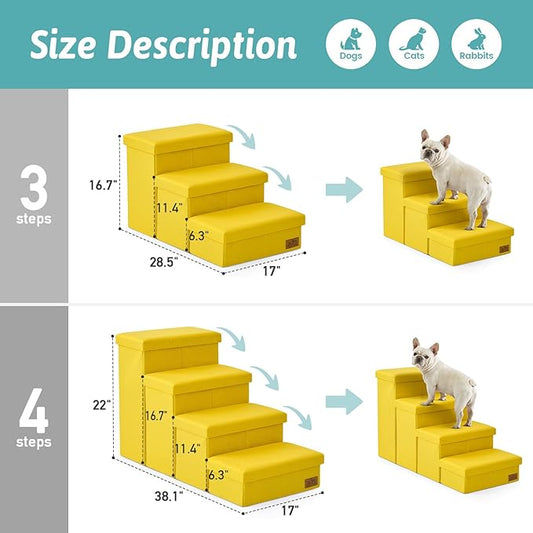 Dog Stairs with Storage, 4-Step Wider Sturdy Dog Steps for Small/Medium/Large Dogs and Older Cats, Folding Doggie Ramp for Bed/Couch/Car Hold Up to 180 lbs (22" H, Yellow)