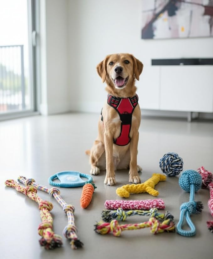Dog Rope Toys Set, 11 Pack Puppy Chew Toys with Flying Disc, Cotton Rope Ball, Giraffe, Carrot, Knot Toys for Training, Playing, Interactive Pet Toys