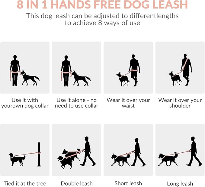 8.2ft Hands Free Dog Leash,Versatile Waist & Crossbody Lead for Medium Dogs,Waterproof & Adjustable for Running Jogging Walking, 360° Swivel Metal Buckle (Pink)