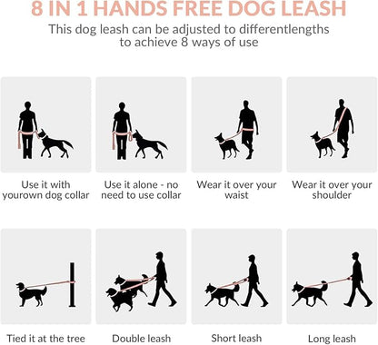 8.2ft Hands Free Dog Leash,Versatile Waist & Crossbody Lead for Medium Dogs,Waterproof & Adjustable for Running Jogging Walking, 360° Swivel Metal Buckle (Pink)