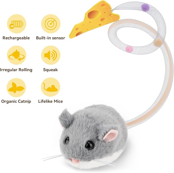 Migipaws Interactive MigiMouse Cat Toy 360° Rolling & Spin with Mesh Plastic Tail for Indoor Cats Smart Motion Sensor, Realistic Squeak, Rechargeable Plush Kitten Toy(Grey)