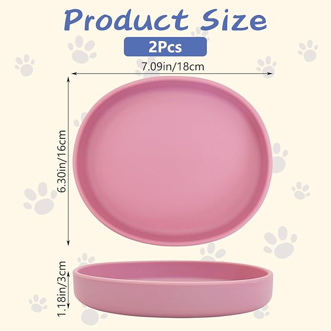 Fhiny 2 PCS Silicone Cat Food Bowls Shallow Dog Bowl 7" Non-Slip Pet Feeding Dishes for Dry and Wet Food Whisker Fatigue Cat Plates for Kitten Puppy and Small Pets (Pink)