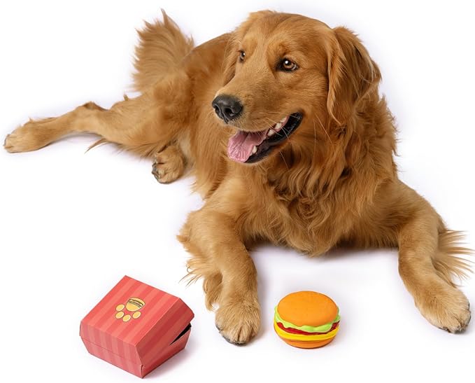 Dog Toy - Hamburger Themed Design, Extremely Durable, Squeaky, Perfect Chew and Fetch Toy, Unique Burger Packaging
