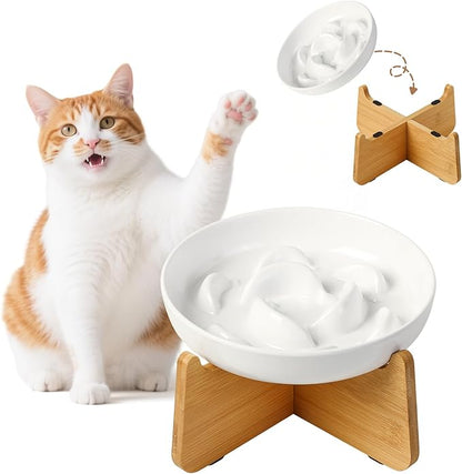 Elevated Slow Feeder Cat Bowl - Melamine Cat Food Plate with Anti-Slip Bamboo Stand - Whisker Friendly Feeding Bowl - Raised Maze Dish for Slow Eating - Ivory White