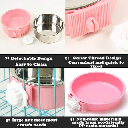 Love Dream Crate Dog Cat Bowls, Removable Stainless Steel Hanging Pet Cage Bowls Kennel, Food Water Feeder with Bolt for Puppy Rabbits Birds 2 Pack with Silicone Sponge Dish Brush