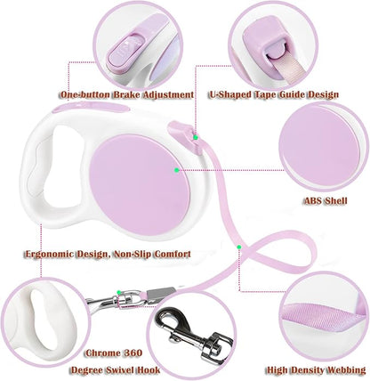 Lavender Purple Retractable Dog Leash 10 ft for Small and Medium Dogs and Cats, One Button Brake, Pause, Lock by LFCXHTY