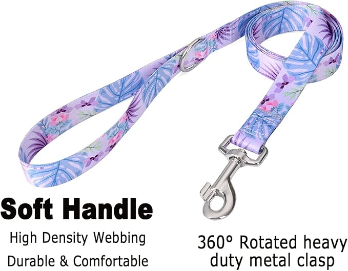 Dog Collar and Leash Set with Bohemia Floral Tribal Geometric Patterns - Soft Ethnic Style Collar Adjustable for Small Medium Large Dogs(Purple Flower Flower Set,L)