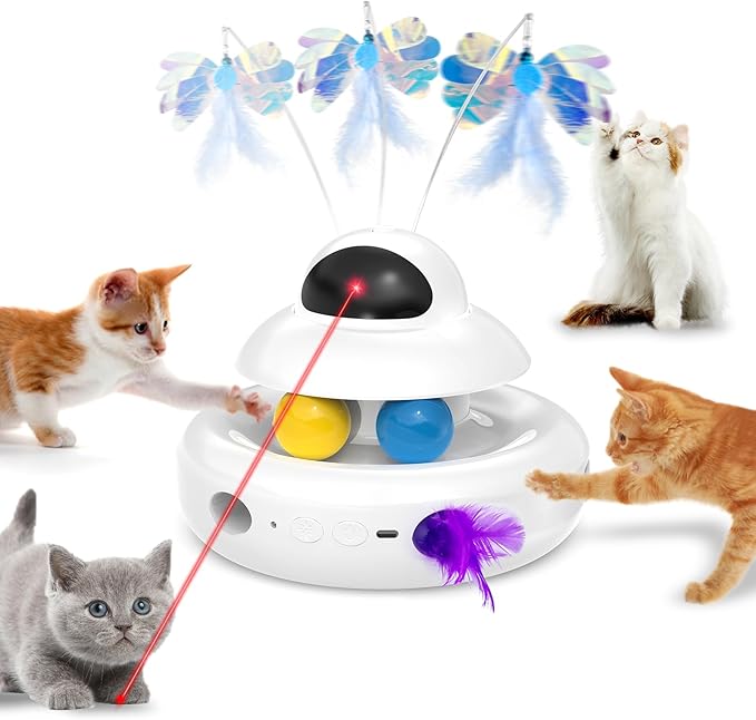 Interactive Cat Toys for Indoor Cats,4-in-1 Automatic Kitten Toy with Laser, Fluttering Butterfly, Moving Feather & Track Balls, USB Rechargeable Self-Play Electronic Toy for Kittens & Adults