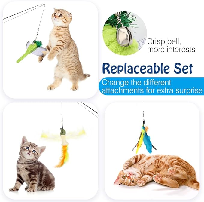 Pawaboo Cat Feather Toys, 4 Pack Interactive Cat Feather Teaser Wand Toys, Retractable Fishing Pole Wand Catcher Exerciser with Refill Fish, Dragonfly Worm with Bells, Blue Yellow Green