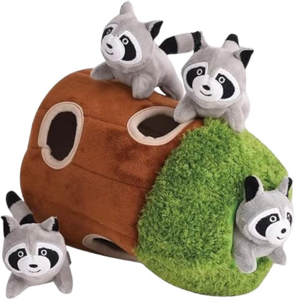 Glow Pups Hide and Seek Dog Toy, Interactive Plush Raccoon in Tree Burrow, Squeaky Woodland Style Dog Toys for Small Dogs, Mental Stimulation, Medium Size Tree with 4 Raccoon