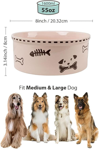 Ceramic Dog Bowl 55oz Heavy Duty Pet Food and Water Bowl for Medium Large Dogs Non Slip Weighted Dog Dish with Cute Bone and Fish Design Easy to Clean