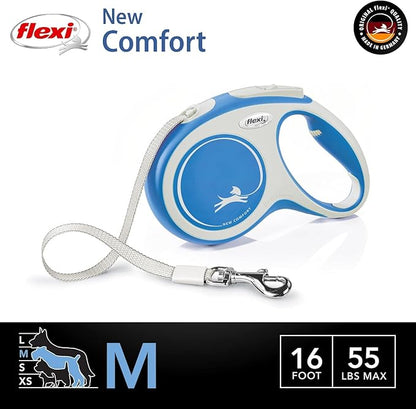 FLEXI New Comfort Tape Retractable Dog Leashes for Medium Dogs Upto 55 lbs. – 16 ft., Blue | Tangle Free Pet Walking Leash with One-Handed Brake, Pause, Lock|German Quality Product