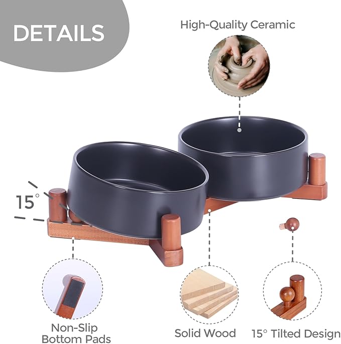 Ceramic Dog Bowl and Cat Bowls Set with 15° Adjustable Wood Stand, Non-Slip Weighted Pet Food and Water Bowls, Dual Raised Feeder for Small Dogs, Matte Glaze Pet Dish 13.5oz Set of 2 (Matte Black)