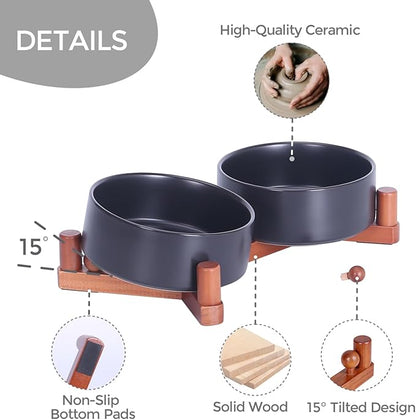 Ceramic Dog Bowl and Cat Bowls Set with 15° Adjustable Wood Stand, Non-Slip Weighted Pet Food and Water Bowls, Dual Raised Feeder for Small Dogs, Matte Glaze Pet Dish 13.5oz Set of 2 (Matte Black)