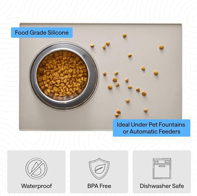 GORILLA GRIP 100% Waterproof Raised Edge BPA Free Silicone Pet Feeding Mat, Dog Cat Food Mats Contain Spills Protects Floors, Placemats for Cats and Dogs Water Bowl, Pets Accessories 16x10, Beige