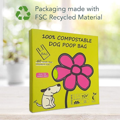 Dog Poop Bag, Compostable Cat Litter Bags with Easy-Tie Handles, Eco-Friendly Pet Waste Bags, Unscented, Vegetable-Based, Extra Thick, Leak Proof, Fits for Dogs and Cat Scoops, 60 Counts